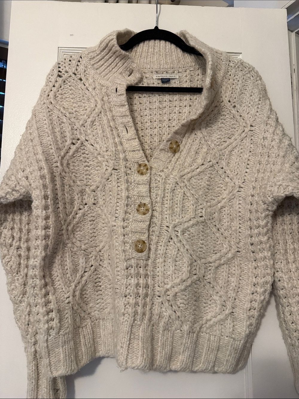 American Eagle Chunky Cable-Knit Sweater Cardigan - Cream